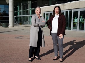 Lisa Miller, executive director of the Regina Sexual Assault Centre, left, and Nathalie Reid, Director of the Child Trauma Research Centre stand for a photo in front of the University of Regina in Regina, Saskatchewan on Nov. 4, 2021. Miller and Reid are involved in organizing an upcoming conference called From Awareness to Action – Supporting Systemic Responses to Sexual Violence.