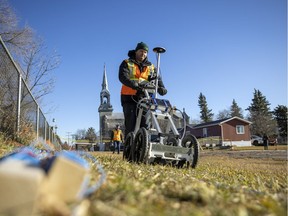 The Star Blanket First Nation began ground penetrating radar searches on the grounds of the former Indian Residential School on Nov. 8, 2021 in Lebret.  Branden Fiolleau, UAV and geomatics specialist, runs the ground radar unit.