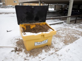 A box full of sand for public use is seen behind the Cathedral Neighbourhood Centre on 13th Avenue in Regina, Saskatchewan on Nov. 12, 2021.