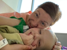 Kirsten Finn and her son Conner seen in a hospital room as Conner recovers from a bone marrow transplant.