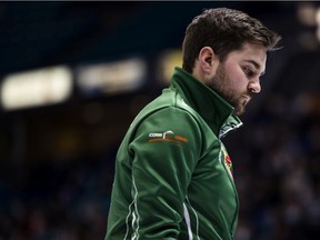 Skip Matt Dunstone walks down the ice during the men's semifinal against team Epping at the 2021 Tim Hortons Canadian Curling Trials in Saskatoon on Tuesday, November 23, 2021.