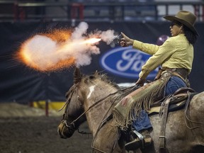 Loertta Englot, of Montmartre takes part in the Cowboy Mounted Shooting elimination finals as part of the 50th anniversary of the Canadian Western Agribition on Nov. 27, 2021.