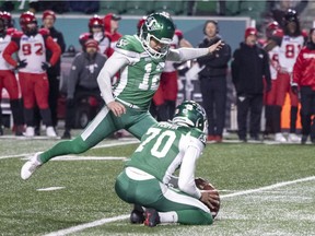 Saskatchewan Roughriders placekicker Brett Lauther (12) has been nominated for the CFL's Jake Gaudaur Veterans' Award.