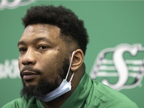 Saskatchewan Roughriders defensive back Loucheiz Purifoy addresses the media at Mosaic Stadium on Tuesday.