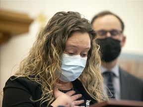 Carolyn Strom, a public health nurse, speaks to the media about the current state of healthcare workers on Tuesday, November 30, 2021 in Regina. She spoke a the intense stress and burnout to frontline health workers caused by short-staffing, as well as challenges in Prince Albert with vaccination consent.