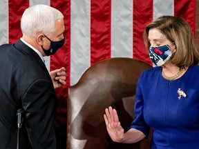 U.S. Vice President Mike Pence and House Speaker Nancy Pelosi preside over a joint session of Congress to certify the 2020 Electoral College results on January 6, 2021 in Washington, DC.