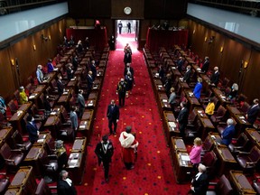 Officials including Gov. Gen. Mary Simon and Prime Minister Justin Trudeau arrive for the Speech from the Throne, Tuesday, November 23, 2021 in Ottawa. THE CANADIAN PRESS/Adrian Wyld