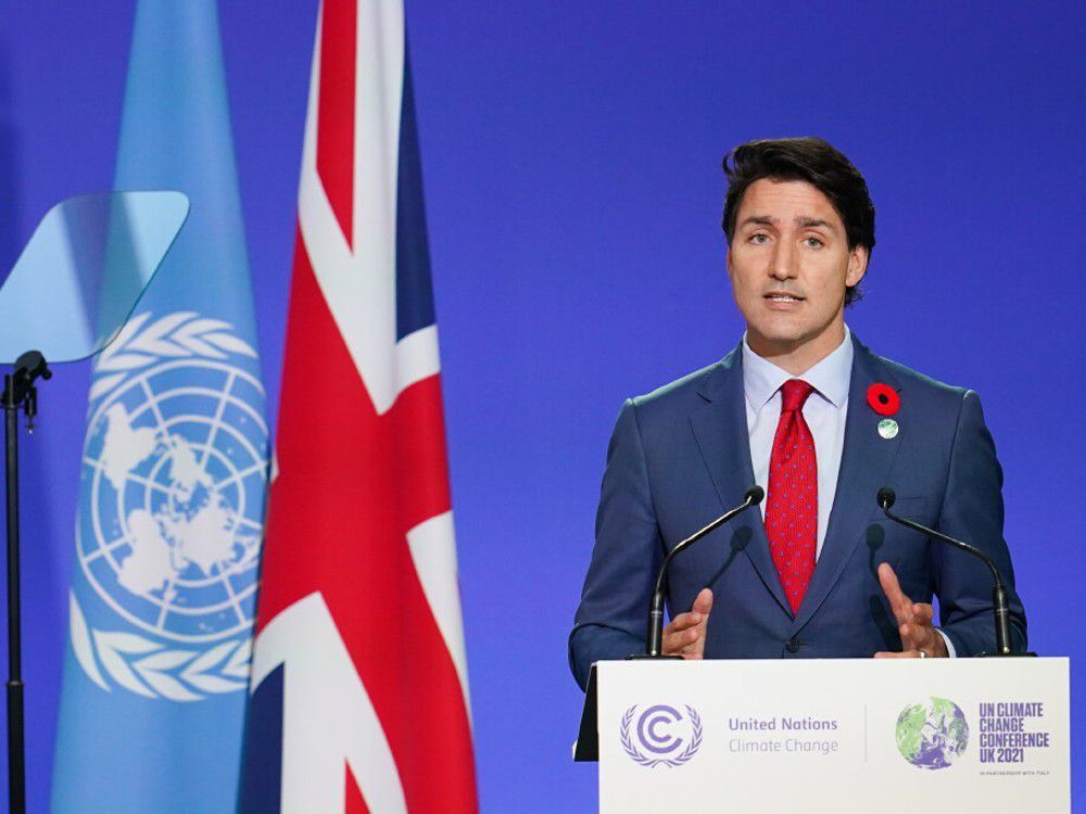 Canadian Prime Minister Justin Trudeau speaks as National Statements are delivered on day two of the COP 26 United Nations Climate Change Conference at SECC on November 01, 2021 in Glasgow, Scotland.