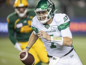 Cody Fajardo, shown Friday against the Edmonton Elks, has reached 20 wins faster than any starting quarterback in Saskatchewan Roughriders history.