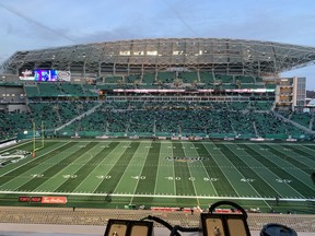 The view from the Mosaic Stadium press box of Sunday's sparsely attended Saskatchewan Roughriders home playoff game against the Calgary Stampeders. Saskatchewan won 33-30 before an announced crowd of 24,001 to advance to the West Division final against the Winnipeg Blue Bombers.