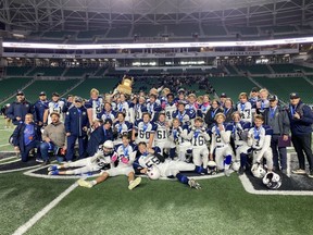 The Greenall Griffins celebrate at Mosaic Stadium on Friday after winning the Regina Intercollegiate Football League's Stewart Conference title.