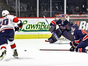 Lethbridge Hurricanes' Alex Thacker shoots on Regina Pats goaltender Matthew Kieper at the Brandt Centre on Saturday. Thacker was the second star in the Hurricanes' 6-1 victory.