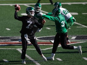 Although an offence led by Cody Fajardo, 7, has struggled this season, the Saskatchewan Roughriders have a 7-4 record and are destined for the CFL playoffs.