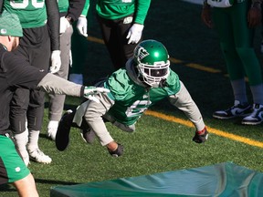 Saskatchewan Roughriders defensive end A.C. Leonard, 6, performs a drill during a practice earlier this week.