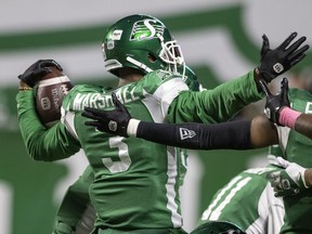 Saskatchewan Roughriders cornerback Nick Marshall celebrates an interception against the Calgary Stampeders on Oct. 9, when the Green and White last played a home game.