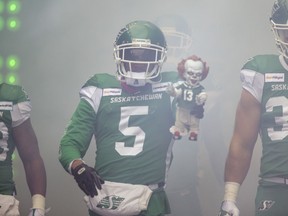 Saskatchewan Roughriders defensive back Loucheiz Purifoy (5) heading out of the tunnel before the CFL West Division semi-final at Mosaic Stadium on Sunday, November 28, 2021 in Regina.