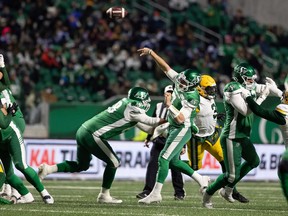 Saskatchewan Roughriders quarterback Cody Fajardo (7) is willing to rest if that means more playing time for the team's backup quarterbacks in the Green and White's regular-season finale against the Hamilton Tiger-Cats on Saturday.