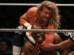 Dolph Ziggler puts Apollo Crews in a headlock during a WWE event at SaskTel Centre in Saskatoon on February 19, 2017.