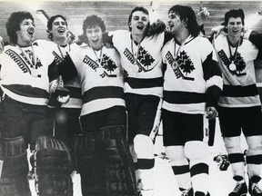 Canadian players celebrate on Jan. 2, 1982 in Rochester, Minn., after winning the world junior hockey championship. Left to right: Frank Caprice, Scott Arniel, Mike Moffat, Marc Habscheid, Moe Lemay, James Patrick and Bruce Eakin.