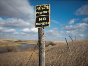 A no trespassing sign sits on the edge of a rural property near Regina, Saskatchewan on Oct. 15, 2020.