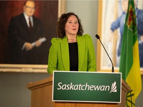 Saskatchewan's Minister of Energy and Resources Bronwyn Eyre speaks to guests and members of the media during a news conference, regarding Saskatchewan helium extraction, held at the Saskatchewan Legislative Building in Regina, Saskatchewan on Nov. 15, 2021.