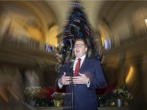 Premier Scott Moe speaks to reporters after the last day of the legislative session on Thursday, Dec. 9, 2021 in Regina.