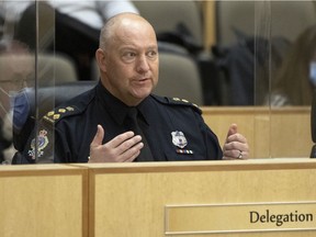 Regina Police Service Chief Evan Bray responds to questions from city council in response to a presentation on the proposed RPS budget at City Hall on Wednesday, December 15, 2021 in Regina.
