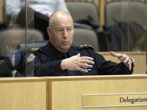 Regina Police Service Chief Evan Bray responds to questions from city council in response to a presentation on the proposed RPS budget at City Hall on Wednesday, December 15, 2021 in Regina.