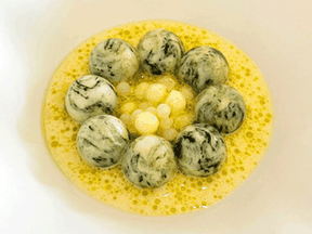 Geranium’s presentation of oyster pearls with kelp, rugbrod with parsley ash, king perch and oyster, accompanied by apple and broccoli pearls, snail egg pearls and Danish cheese. The Copenhagen restaurant is No. 2 on the list of The World’s Best 50 Restaurants.