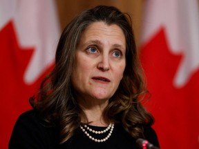 Canada's Deputy Prime Minister and Minister of Finance Chrystia Freeland takes part in a news conference in Ottawa, Ontario, Canada December 13, 2021. REUTERS/Blair Gable