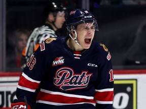 Regina Pats' Cole Dubinsky celebrates a goal during Friday's 6-5 victory over the visiting Moose Jaw Warriors.