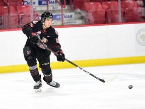 Moose Jaw Warriors defenceman Braden Miller, shown during a recent WHL game, is the 19-year-old son of former Regina Pats blue-liner Brad Miller.