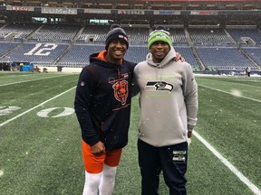 Former CFL quarterbacks Henry Burris (left) and Kerry Joseph have moved on to the NFL as assistant coaches. They posed before Sunday's game in Seattle featuring the Chicago Bears and the Seattle Seahawks. Burris is an offensive quality control coach with the Bears. Joseph is an assistant wide receivers coach with the Seahawks. Photo courtesy Kerry Joseph..