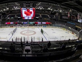 The Regina Pats prepare to face the Prince Albert Raiders in an empty Brandt Centre on April 13, 2021. Keith Hershmiller Photography.