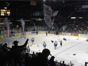 Regina Pats fans throw stuffed toys on to the ice at the Brandt Centre on Dec. 9, 2016 during the annual Teddy Bear Toss game. A first-period goal by the Pats' Riley Woods against the Swift Current Broncos was the impetus for the bear-tossing.