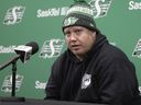 Saskatchewan Roughriders centre Dan Clark speaks to the media Monday at Mosaic Stadium, one day after the team's 21-17 loss to the host Winnipeg Blue Bombers in the CFL's West Division final. 