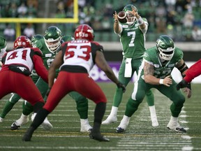 The Calgary Stampeders started 10 Americans on defence, including Mike Rose, 41, and Darnell Sankey, 53, in the CFL's West Division semi-final against Cody Fajardo, 7, and the Saskatchewan Roughriders on Nov. 28 at Mosaic Stadium.