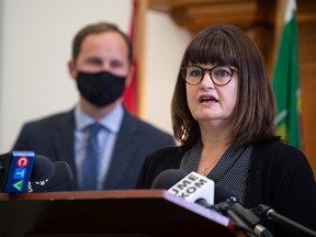 NDP MLA Carla Beck speaks with the media during a news conference held at the Saskatchewan Legislative Building in Regina, Saskatchewan on August 23, 2021. BRANDON HARDER/ Regina Leader-Post