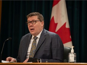 Premier Scott Moe provides a COVID-19 update in the Radio Room of the Legislative Building on Wednesday, January 12, 2022 in Regina.