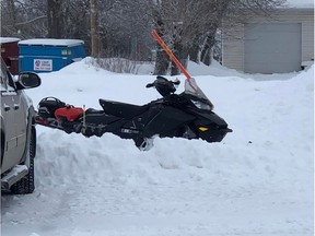 It snowed so much in Redvers that someone took the snowmobile to work. (Photo submitted by Katy Soroka)