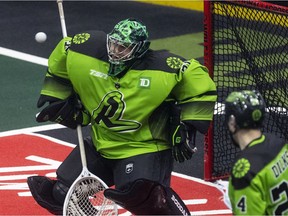 Saskatchewan Rush goalie Adam Shute (31), shown here blocking a shot during NLL action this season, had 32 saves Saturday in a 16-7 win over the Panther City Lacrosse Cub.