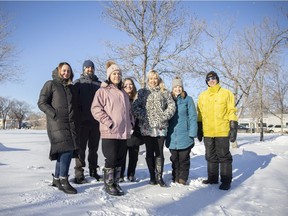 (L to R) Nicole Niesner, Ian Bets-Wood, Chasity Delorme, Alysia Johnson, Tammy McMillan, Kelsey Dumont and Shylo Stevenson who were volunteers at Camp Hope stand for a portrait at Pepsi Park on Jan. 19, 2022 in Regina.