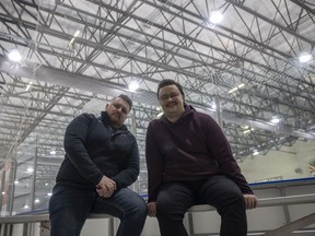 Co-founders Logan Fraser (L) and Tanner Goetz (R) of HomeTeam Live, a Regina-based tech startup that gives local sports teams the ability to steam their games in broadcast quality, sit for a portrait at the Co-operartors Centre at Evraz Place on Wednesday, January 26, 2022 in Regina.
