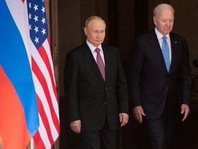 U.S. President Joe Biden and Russia's President Vladimir Putin at the U.S.-Russia summit at Villa La Grange in Geneva, Switzerland June 16, 2021. Saul Loeb/via REUTERS