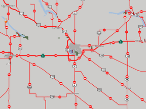 A screenshot of the Saskatchewan Highway Hotline website shows all highways around Regina closed on the evening of Jan. 31, 2022.