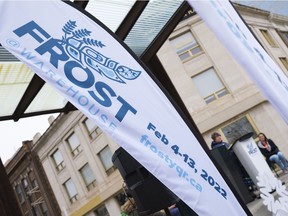 A banner advertises Frost Regina during a media event at City Square Plaza. The winter festival will take place from February 4 to 13, 2022.