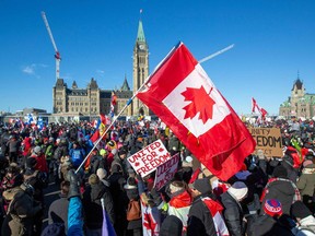 Supporters arrive at Parliament Hill for the Freedom Truck Convoy to protest against Covid-19 vaccine mandates and restrictions in Ottawa, Canada, on January 29, 2022.