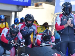Saskatchewan Roughriders Jay Dearborn, second from left, will be pushing one of Canada's three sleds at the 2022 Winter Olympics in Beijing. Photo courtesy International Bobsleigh Skeleton Federation.
