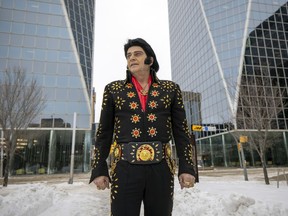 Elvis Presley tribute artist Jamie Gass, shown in downtown Regina, has cultivated a world-wide audience.
