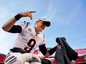 Cincinnati Bengals quarterback Joe Burrow celebrates after Sunday's 27-24 victory over the host Kansas City Chiefs in the NFL's AFC championship game.